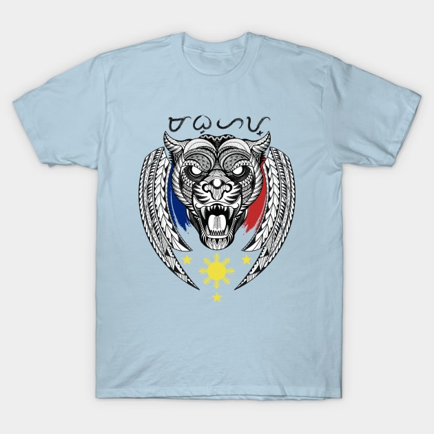 Philippine 3 Stars Sun / Tribal line Art Tiger / Black Panther / Baybayin word Mabuhay (long live) T-Shirt by Pirma Pinas